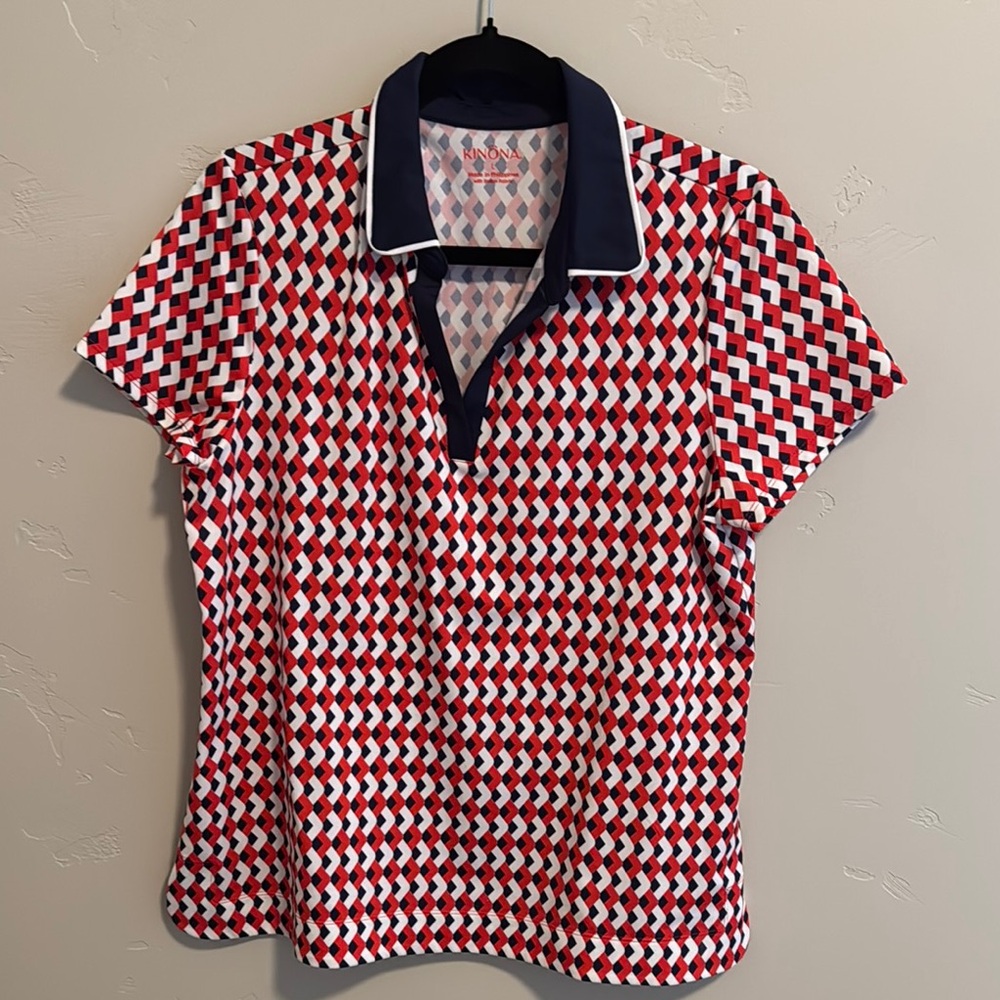Kinona Red, white & blue Patterned Polo golf Shirt NWOT